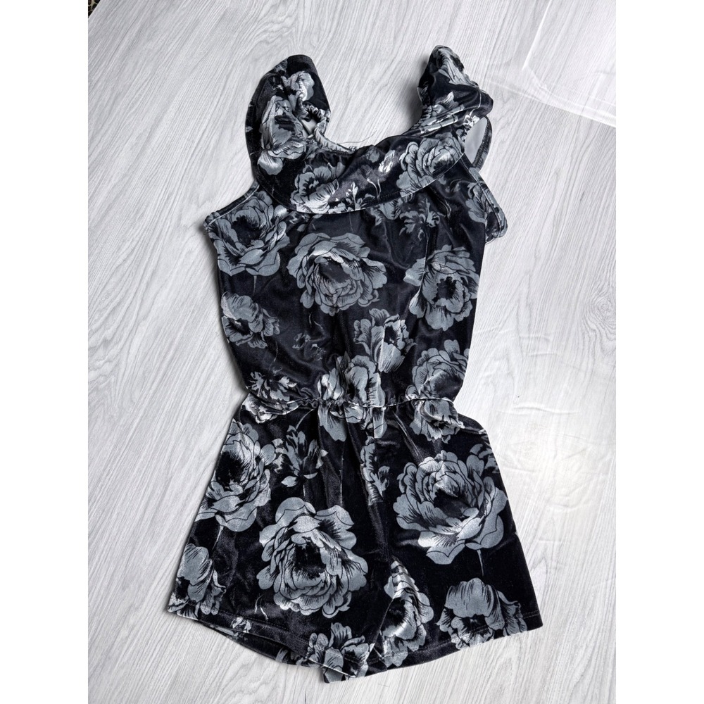 Kids Black Silver Floral Velvet Romper Ruffle Neck Sleeveless Jumpsuit Shorts
